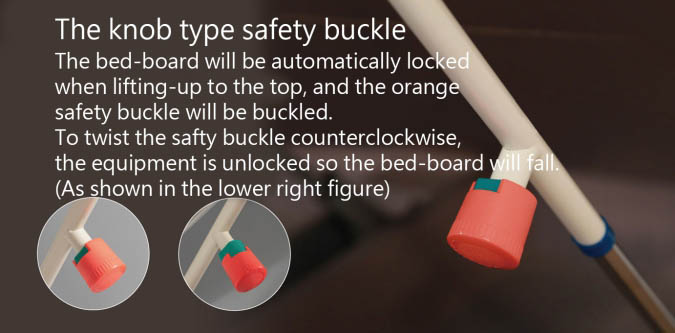 旋鈕型安全扣,面板掀開時會自動上鎖,蓋合前將橘紅色安全扣向左輕輕扭轉解鎖,不可拉以解除安全裝置